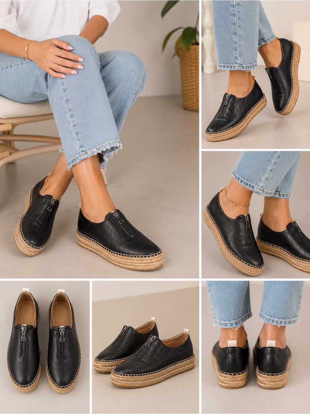 Eric Michael Black Leather-Look Espadrille Platform Slip-On with Front Zip